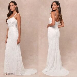 NWT Lulu’s Momentous Love Beaded Bustier Mesh Mermaid Maxi Dress Large Medium